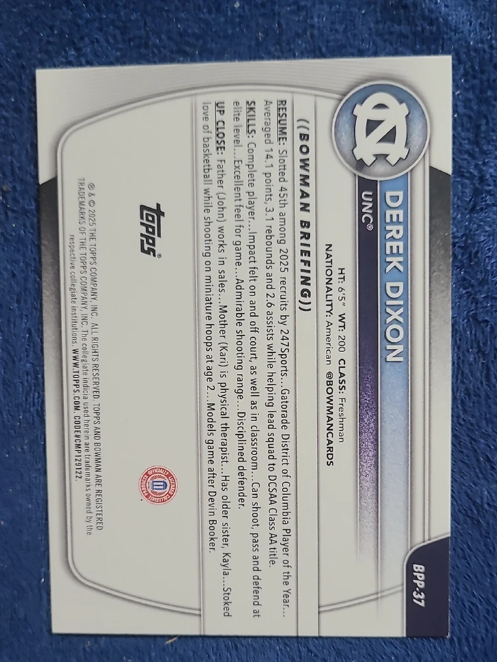 Topps Derek Dixon Basketball Card - White/Carolina Blue - Picture 2 of 2